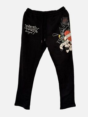 Ed Hardy Black Joggers with Red & Yellow Tattoo Heart and Skull